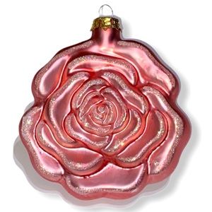VTG • Rose Bloom Ornament • Mouth Blown Glass • Pink • Glitter